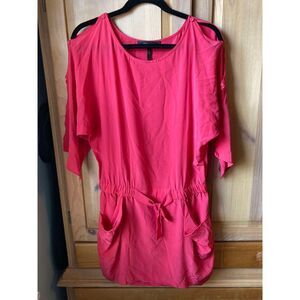 🧺BCBG Maxazria | 100% Silk Pink Coral Goddess Sleeve Mini Dress w/ Pockets | XS